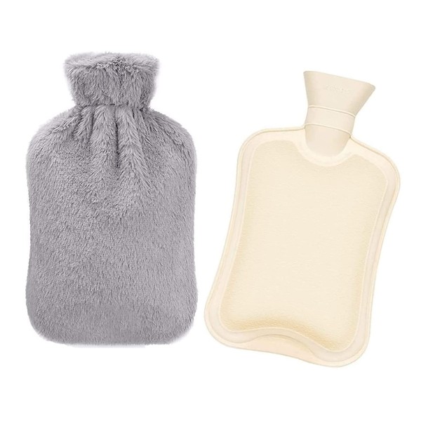 Hot Water Bottle with Soft Cover, 1 Litre Rubber Hot Water Bag, for Heat Retention, Pain Relief, Warm Gift for Babies, Children and Adults in Winter, Plush Grey)