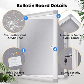 YOKUGO Outdoor Bulletin Board Weatherproof 20"x16", Enclosed Bulletin Board with Locking Door, Aluminium Frame Tamper-Proof Lockable Felt Pinboard for School, Office, Hospital, Store
