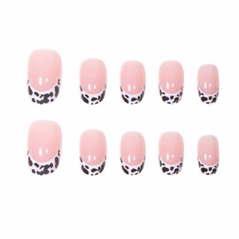 BABALAL Round Press on Nails Short Fake Nails Cow Print French Tip Glue on Nails 24Pcs Oval Acrylic Nails for Women and Girls