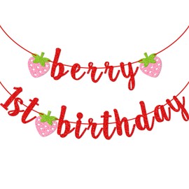 Berry, pancarta de primer cumpleaños, pancarta de fresa con purpurina, decoración de primer cumpleaños (rojo)