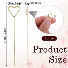 Mabor 40Pcs Metal Flower Card Holder Stick - 12.2 Inch Floral Heart Shape Gold Picture Holder Pick for Wedding and Party