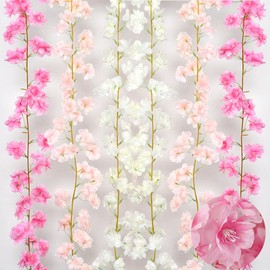 BSITSSS 3PCS 180cm Artificial Silk Cherry Blossom Garland Vines Hanging Vine Garland Artificial Flowers for Outdoor Indoor Wedding Wall Badroom Decoration (Pink, White)