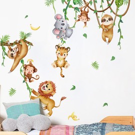 Wall Decals for Kids, Jungle Animals Climbing Tree Kids Wall Decals Monkey Lion Koala Tiger Wall Stickers for Kids, Childrens Wall Wecals Peel and Stick Kids Room Wall Art