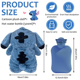 Fluffy Hot Water Bottle, Sti-tch Hot Water Bottle, Soft Plush, Cartoon Hot Water Bottle for Children, Hot Water Bag, Removable Inner Container, Hand Warmer for Children & Adults (Blue)