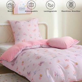 Fekohipy Bed Linen 135 x 200 cm Girls Pink Children's Bed Linen Butterfly 3D Print Microfibre Children's Duvet Cover with Zip and 1 Pillowcase with Envelope 80 x 80 cm 2-Piece Children's Bedding Set