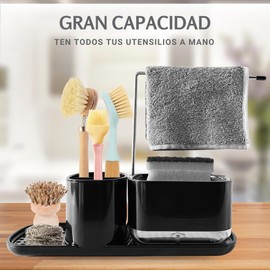 Kitchen Soap Dispenser, Kitchen Soap Dispenser, Kitchen Sink Organizer, Refillable Dishwasher Dispenser, with Cloth Holder, Scourer Holder, Includes Scouring Pad and Strainer (Black)