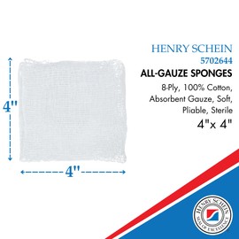 Henry Schein Premium 100% Cotton All-Gauze Sponge 4x4 8 Ply Sterile Square for Wound Care & Home First Aid Kits - 50/Box