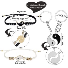 RechicGu Gold and Silver 8 Pieces Yin Yang Bff Couples Matching Necklace Adjustable Cord Bracelet and Key Chain Rings Enamel Feng Shui for Boyfriend Girlfriend Friendship Valentine Gift