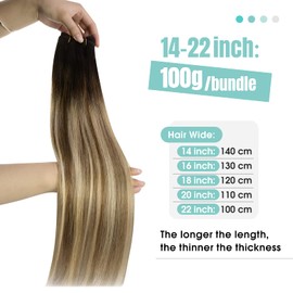 YoungSee Sew in Hair Extensions Real Human Hair Balayage Weft Extensions Human Hair Dark Brown Roots Blending into Medium Brown with Warm Blonde Highlights Sew in Real Hair Extensions 100G 22Inch