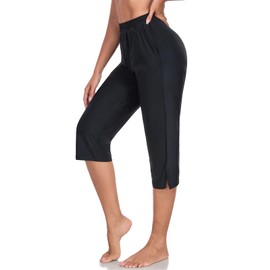 RELLECIGA Women's High Waisted Swim Capris Pants Board Shorts Bathing Suit Bottoms with Pockets, Black, XX-Large