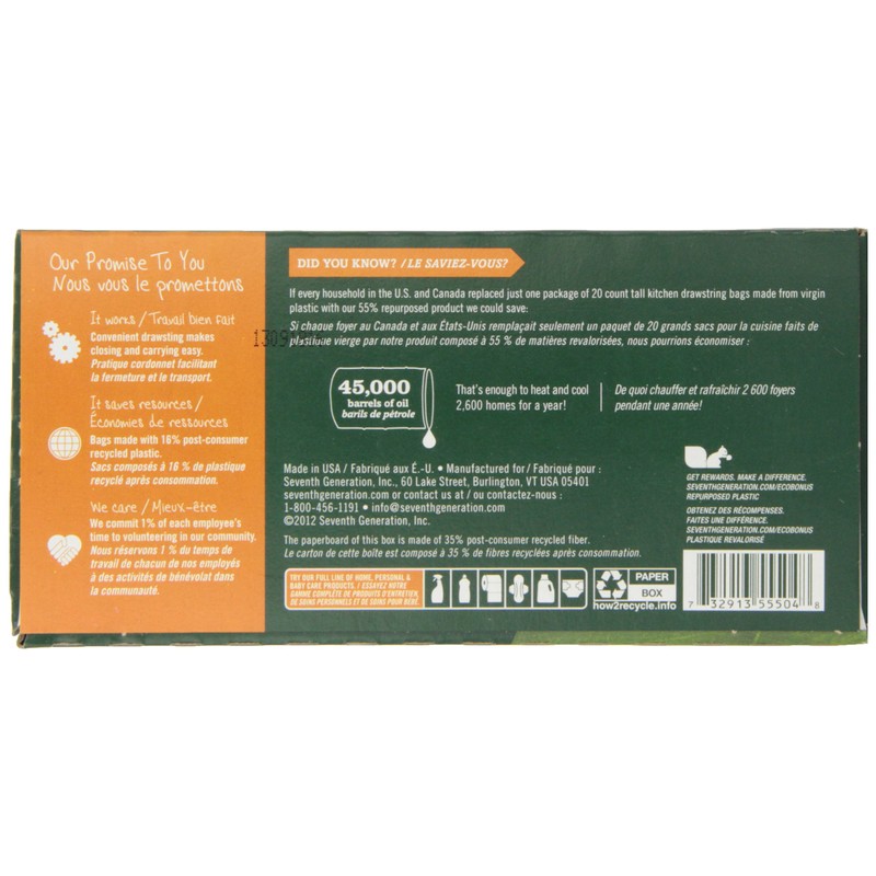 Seventh Generation, Drawstring Kitchen Trash Bags 13 gal, 20 count