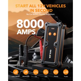 OXILAM 8000A Jump Starter - Car Jumper Starter Portable for All Gas & Diesel Engines, 12V Jump Box for Car Battery with Extended Jumper Cables, USB, DC, Type C Port & LED Light