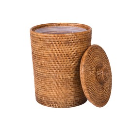 Kouboo La Jolla Rattan Round Plastic Insert & Lid, Large, Honey-Brown for Bedroom, Living Room and Bathroom Basket for Dry and Organic Waste