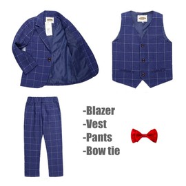 lontakids Boys Plaid Suit Tuxedo 4 Pieces Blazer Vest Pants Bow Tie Set (Blue, 2T)