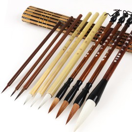 Chinese Brush Set of 10 4 Sizes Chinese Calligraphy Brush Watercolour Brush for Calligraphy Hand Lettering Kanji Japanese (with Brush Bag)