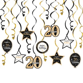 Nelbiirth Happy 20th Birthday Black & Gold Glitter Swirls Streamers Party Decorations - 15 Pcs 20th Birthday Hanging Swirls Streamers Kit,Cheers to Twenty Years Old Bday Party Sign.