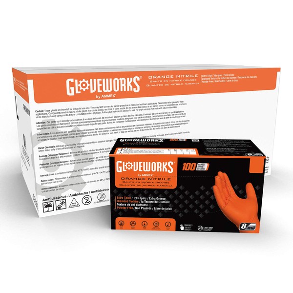 GLOVEWORKS HD Orange Nitrile Industrial Disposable Gloves, 8 Mil, Latex-Free, Raised Diamond Texture, X-Large, Box of 100
