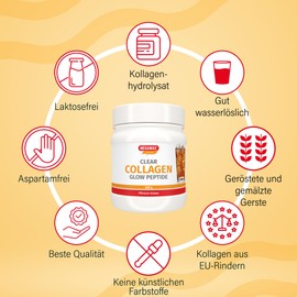 MEGAMAX Clear Collagen Glow Peptide 300g Tasty & More Pfirsich Eistee ideal für Haut u. Haare und Bindegewebe -3 Port. Glow ca. 25 g Protein - Clear Kollagen Pulver ICE TEA PEACH klar wie Isoclear