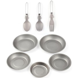 Aomiun Camping Utensil Set, Titanium Plate and Folding Fork Spoon Lightweight Outdoor Tableware for Camping Fishing Hiking Picnic