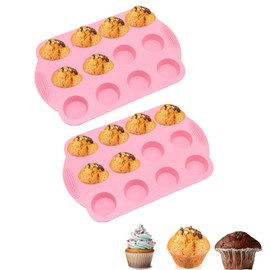 DIYOHFE 2 Pack Silicone Muffin Pan - 12 Regular Size Cups Muffin Pan, Non-Stick Cupcake Pan Great for Homemade Muffins,Cupcakes, Muffin Cakes, Oven and Dishwasher Safe BPA Free（Pink）