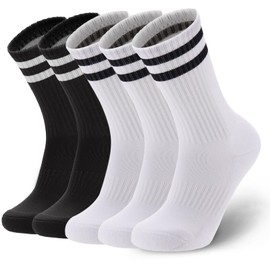 Ultrafun 5 Pairs Striped Crew Socks Cotton Cushioned Athletic Sports Running Socks for Men Women Teens (X-Large, Black+White)
