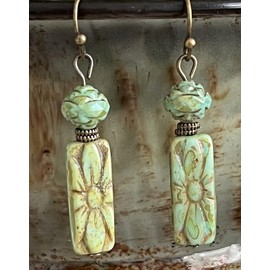 Bronze and Etched Green Czech Bead Dangle Earrings. Jewelry Earrings for Women #3298FE3168