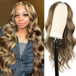 LEOSA V Part Wig Body Wave For Black Women Glueless Full Head Clip In Half Wig V Shape Wigs No Leave Out Upgrade U Part Wig Highlighted Wig Body Parts for Women 24 Inch Brown Closure Wig