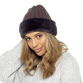 Ladies Knitted Beanie Hat with Faux Fur Trim - Grey