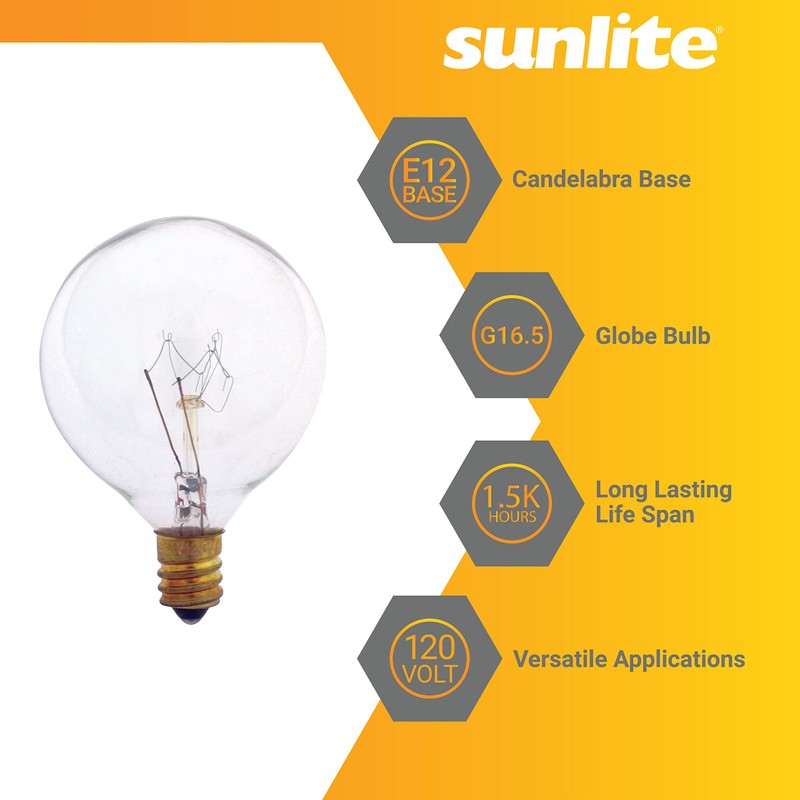 Sunlite G16.5 Incandescent Clear Globe Light Bulb, 15 Watts, 105