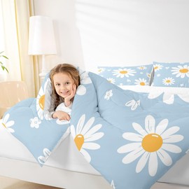 Homewish Daisy Comforter Set Twin Size White Flower Leaves Bedding Set 2pcs for Kids Boys Girls Women Bedroom Decor,Botanical Garden Artwork Quilt Set Soft Polyester Blue Duvet Insert,1 Pillowcase