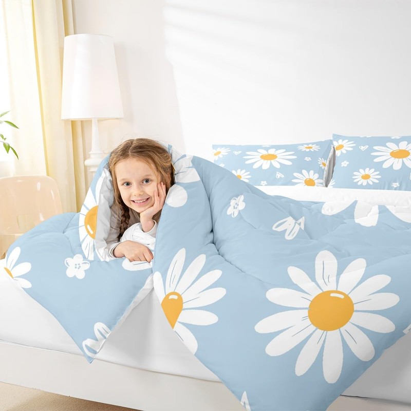 Homewish Daisy Comforter Set Twin Size White Flower Leaves Bedding