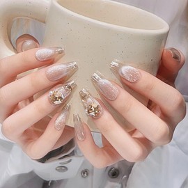 Pure Handmade Nails Press on Nail Reusable Fake Nails Y2K CatEyes RhineStones Bling Bling Medium Stick on Nails French Tip False Nails 10pcs (S, Q298)