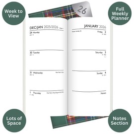 2026 Slim Pocket Diary Week to View - Green Tartan Cover Wallet Size Planner Work Study Travel Diary - Lightweight Compact Portable Organiser Notebook