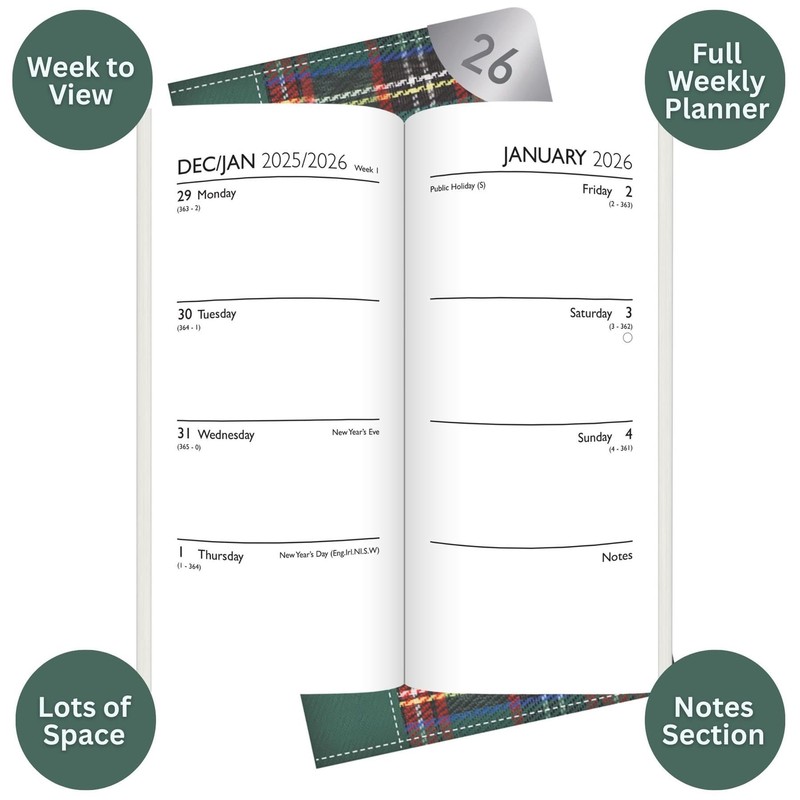 2026 Slim Pocket Diary Week to View - Green Tartan