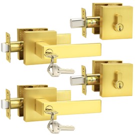 Probrico Brushed Gold Exterior Door Locksets Heavy Duty, Keyed Alike Square Front Entry Door Handle and Double Cylinder Deadbolt Set, (Satin Brass, 2Pack)