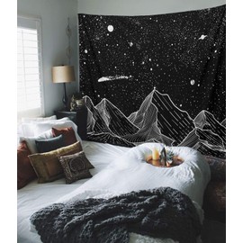 Zussun Mountain Moon Tapestry Wall Hanging Stars Black and White Art Tapestry Home Decor (70" x 90")
