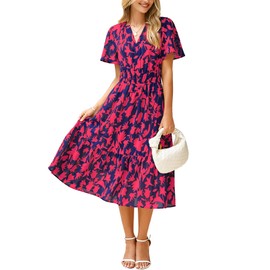 BerryGo Women's Floral Summer Short Sleeve Midi Dress V Neck Empire Waist Swing Flowy Boho Dress Red S