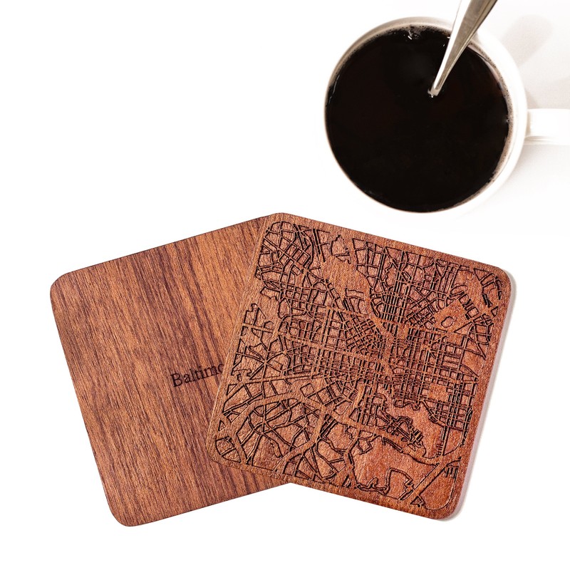 Baltimore Map Coaster, Set of 4, Sapele Wooden Coaster with