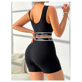 Verdusa Women's 2 Piece Letter Print Bra Set Bralettes Scoop Neck Sports Top and Biker Short Black