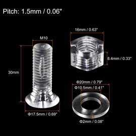 sourcing map M10 x 30mm Plastic Phillips Machine Screws with Nuts and Flat Washers, PC Flat Head Machine Bolts Transparent 20 Sets