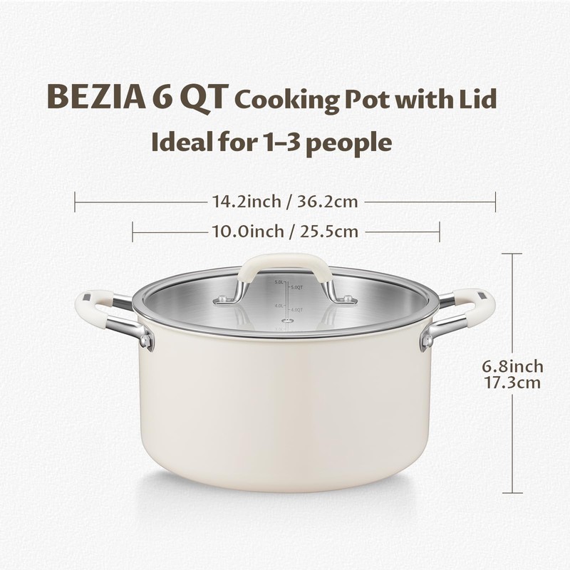 6 Quart Pot with Lid, BEZIA Tri-Ply Stainless Steel Stock