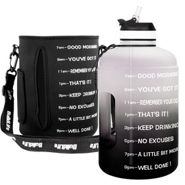 QuiFit Motivational Gallon Water Bottle - with Straw & Time Marker BPA Free Large Reusable Sport Water Jug with Handle for Fitness Outdoor Enthusiasts Leak-Proof (Gray/Blac with Sleeve,1 gallon)