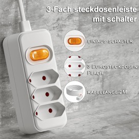 Verlängerungskabel, Euro-Steckdosenleiste 3-Fach Netzkabel mit Schalter, Mehrfachstecker mit 2M Kabel, 3 in 1 Typ-C Verlängerungskabel Eurostecker auf Eurobuchsefor Computer TV PC Phone Weiß
