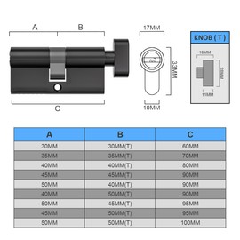 Bwintech 1 piece 45T/50 mm Euro brass cylinder, 95 mm rotary knob/key lock with 3 standard brass keys, anti-picking, anti-drilling, anti-snap, anti-bumping, black surface