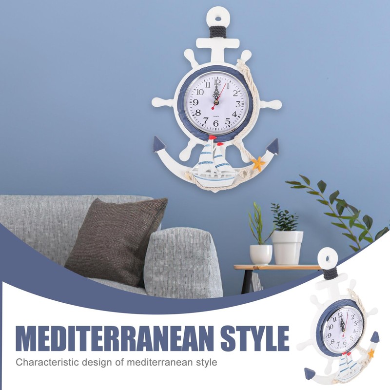 Mediterranean Style Anchor Clock Beach Sea Theme Nautical Ship Wheel