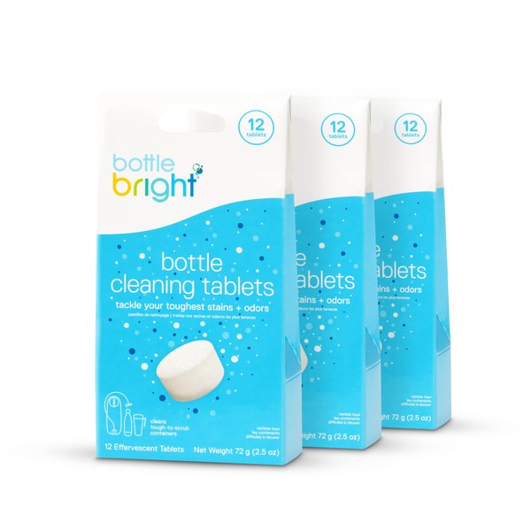 Bottle Bright 3 Pack (36 Tablets)- Clean Stainless Steel, Thermos, Tumbler, Insulated, Plastic and Reusable Water Bottles –Bottle Bright Cleaning Tablets are Easy and Safe to Use