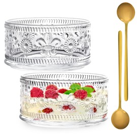 Swetwiny Glass Bowl Glass Dessert Bowls Set, 15.5oz Glass Serving Bowl with Gold Spoon Ice Cream Bowls Trifle Bowl For Dessert, Ice Cream, Cereal, Nuts, Pudding (Lily Flower)