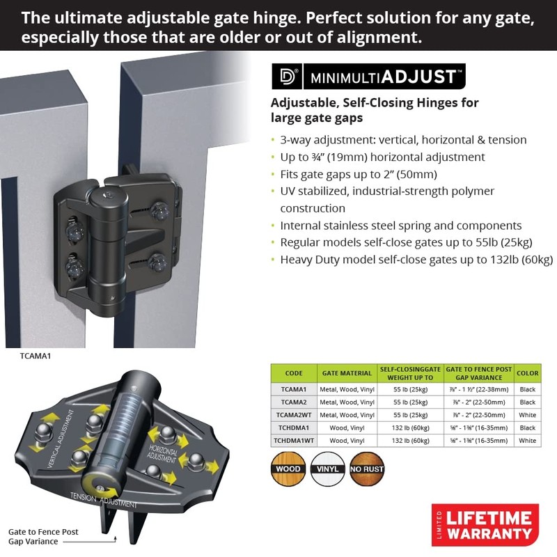 D&D Technologies TruClose Multi-Adjust TCAMA1, Regular Duty Gate Hinge, Self