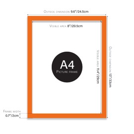 Almost Frameless A4 Orange Picture Frame Fits A4 (21 x 29.7cm - 8.3 x 11.7in) Poster, Photo, Artwork, or Print. Thin Edge Slim Frame Portrait and Landscape Display with Wall Hooks