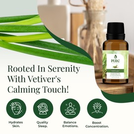 Pure Vetiver Essential Oil, (VETIVERIA ZIZANIOIDES), 100% Pure Natural Undiluted for Aromatherapy, Rich, Strong Woody, Earthy Scent, Calming, Comforting, Vegan, Non-GMO, 10ml Fl .33oz